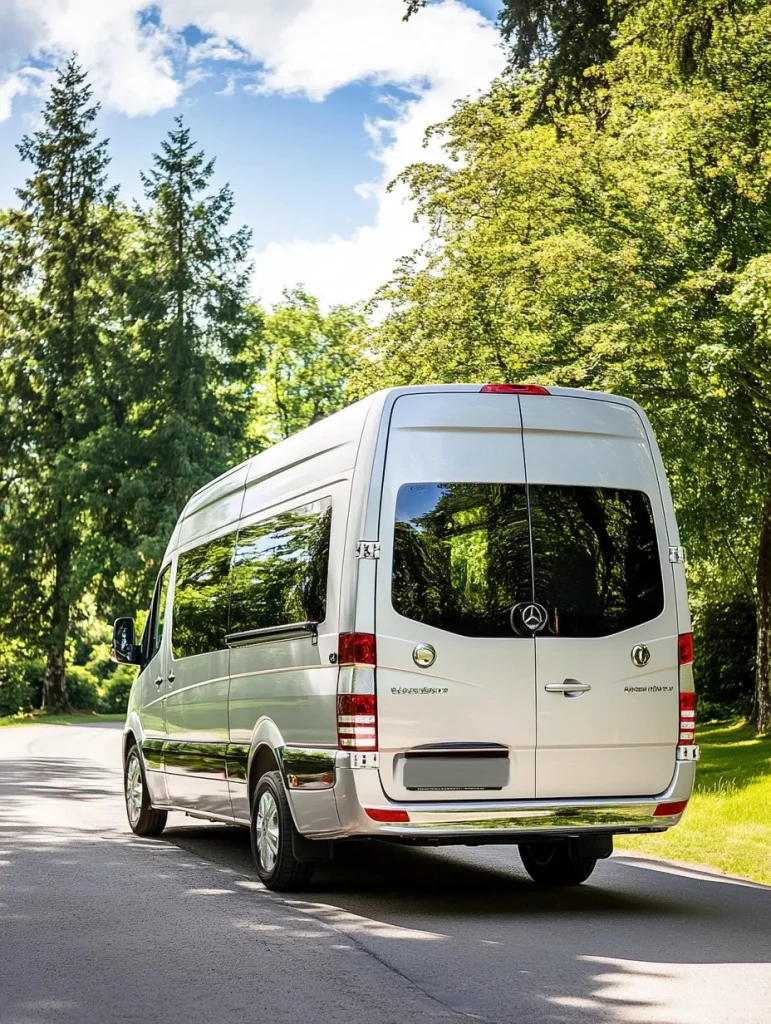 Minibus Hire Hereford - a photo of a minibus driving along a road through a forest on a sunny day